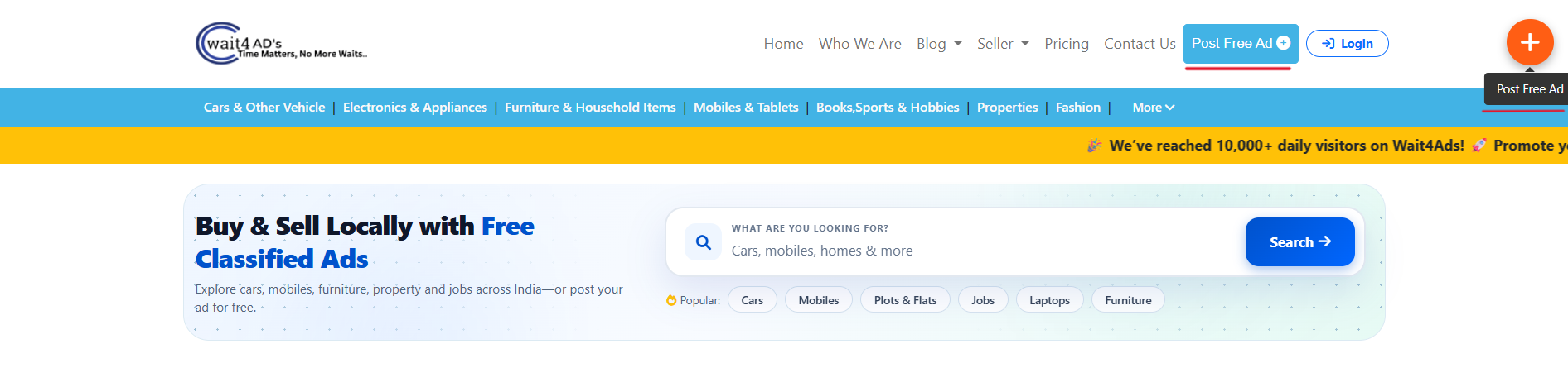 Post Free Ads button in wait4ads