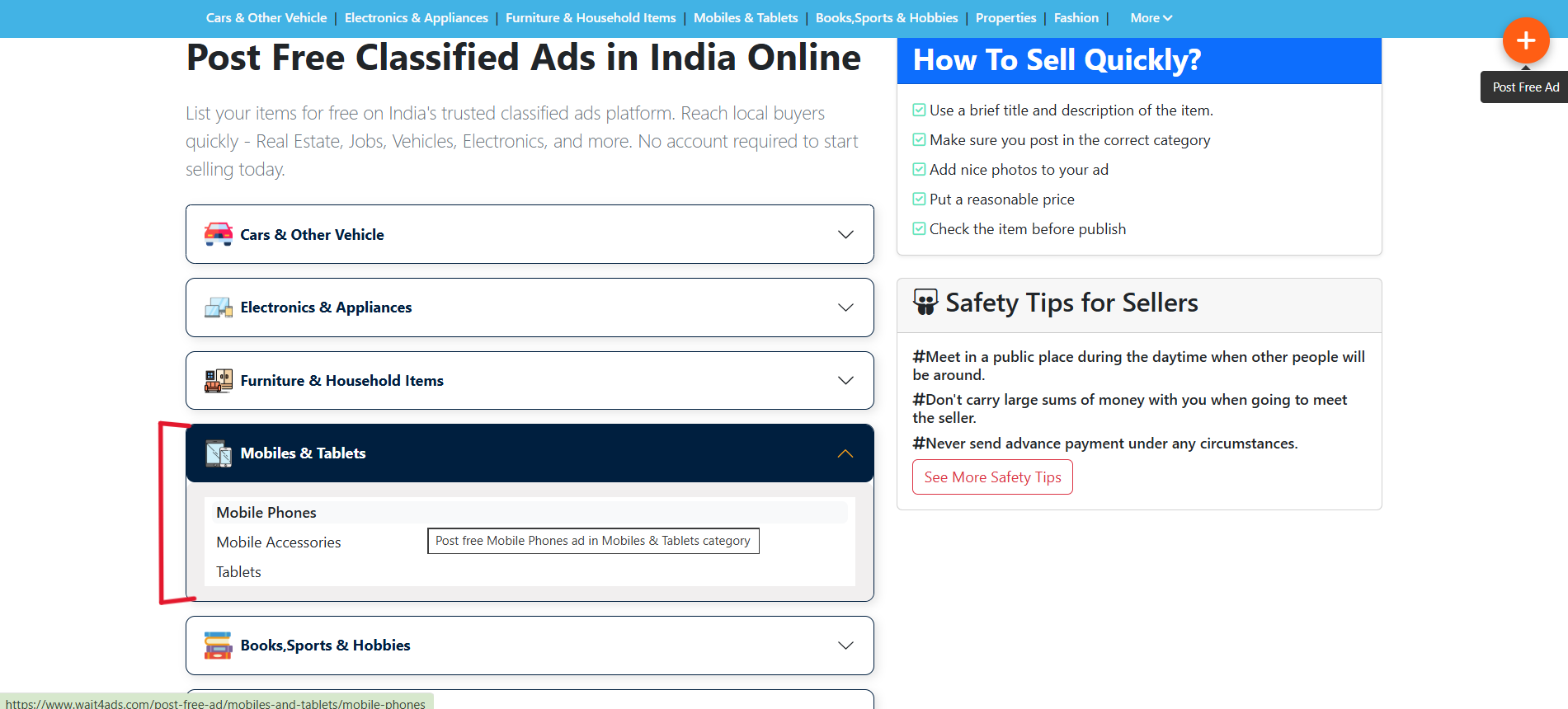 Wait4Ads classified ad posting form with the Mobile Phones category highlighted in a red box.