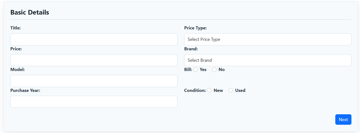 Wait4Ads basic details ad posting form showing input fields for price, model, and condition to sell an old phone online.