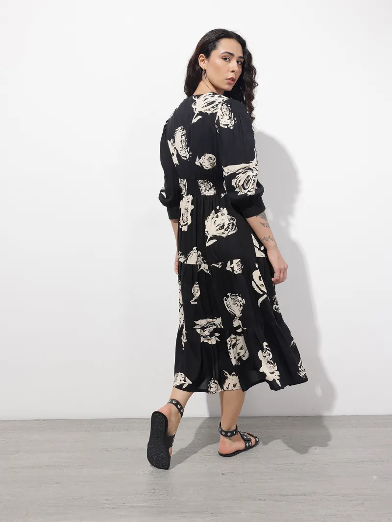 Black V-Neck Midi Dress