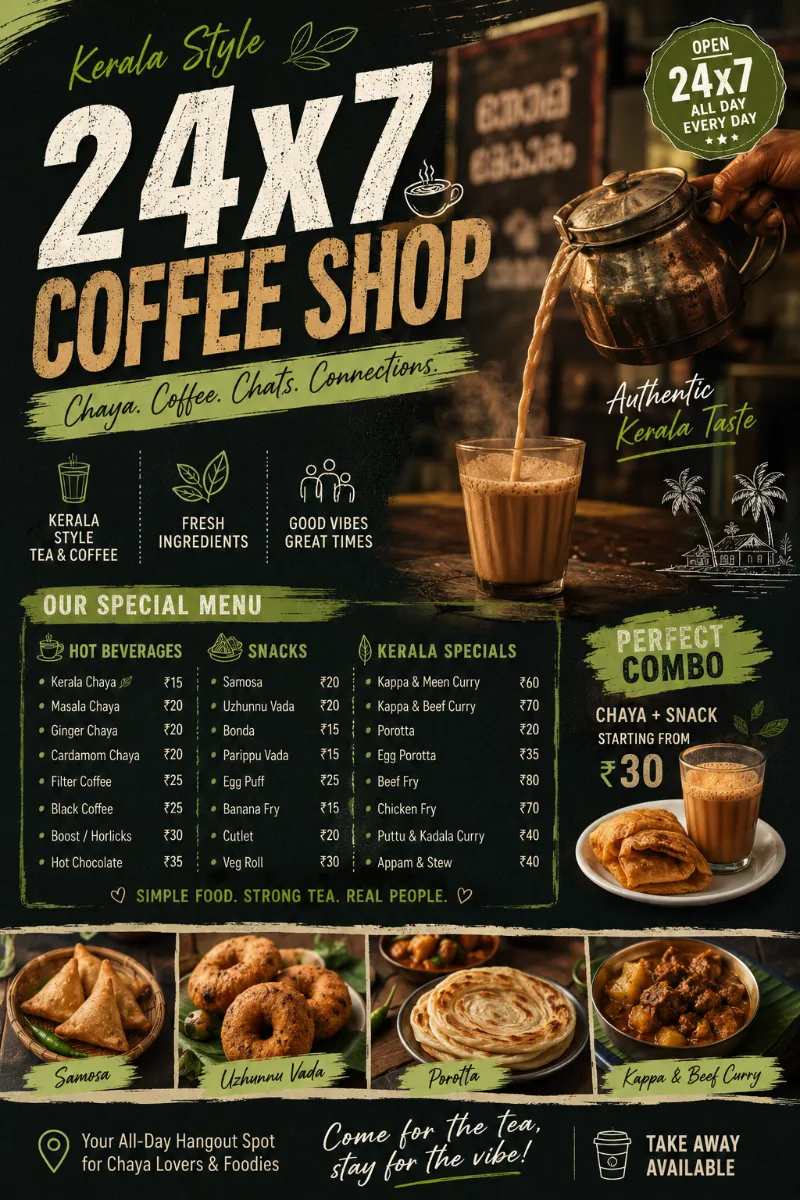 24x7 Coffee Shop – Fresh Tea, Coffee & Kerala Snacks - Others in Malappuram for ₹100