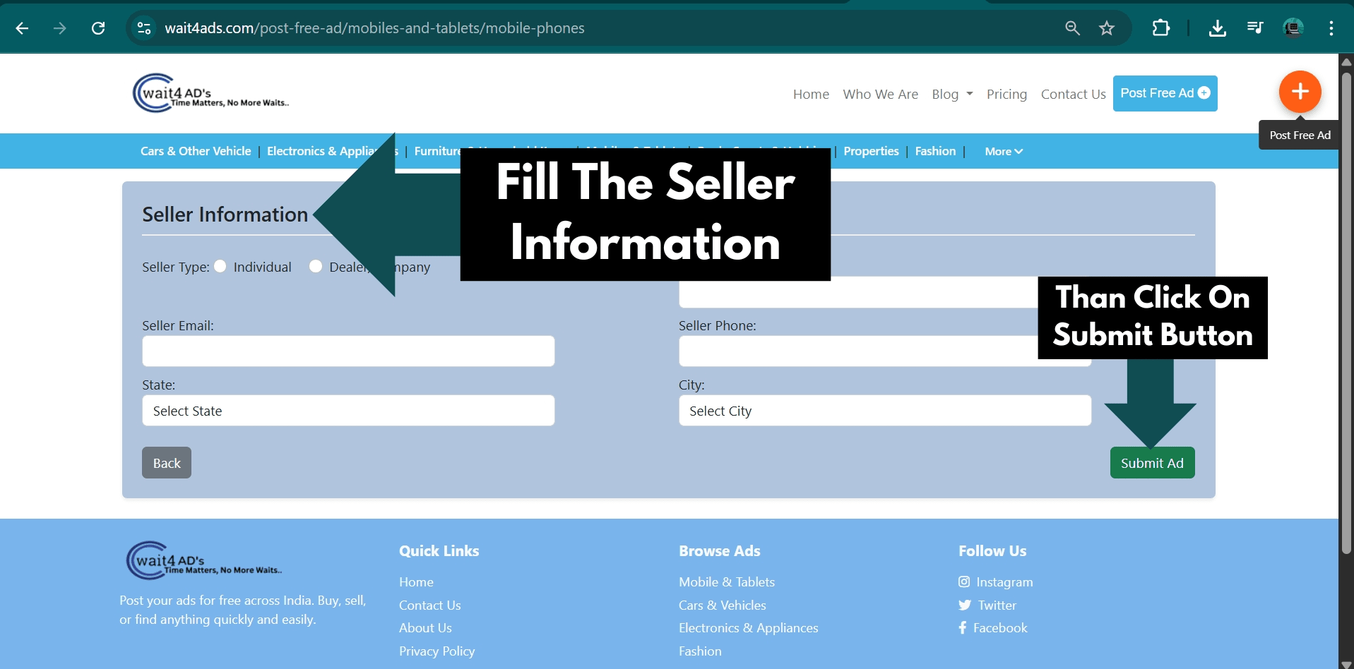 Seller information form including contact and city