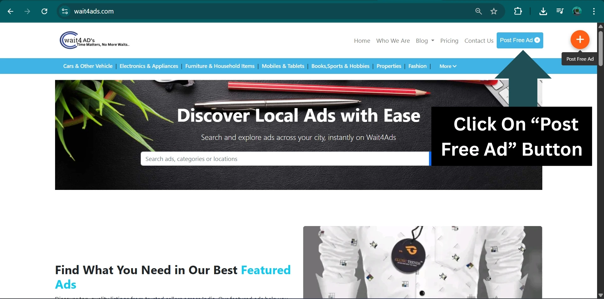 Wait4Ads homepage showing Post Free Ad button