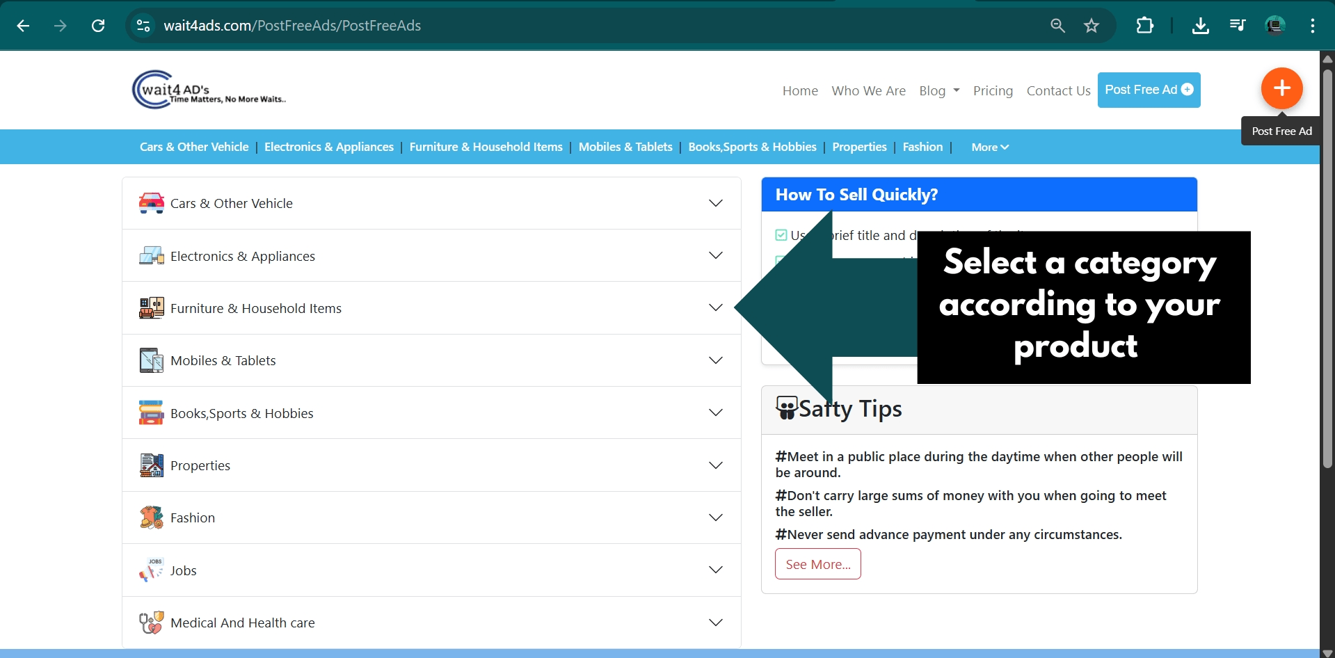 Select category page on Wait4Ads
