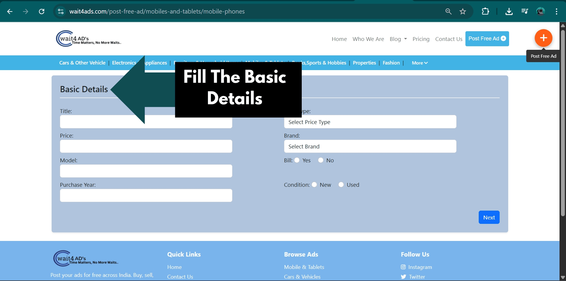 Form to enter basic ad details like price, title, brand