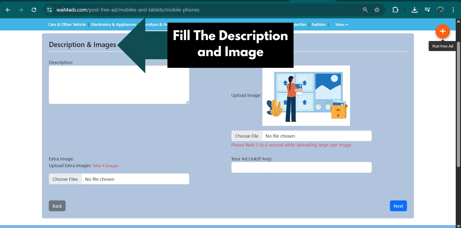 Upload images and enter description screen on Wait4Ads